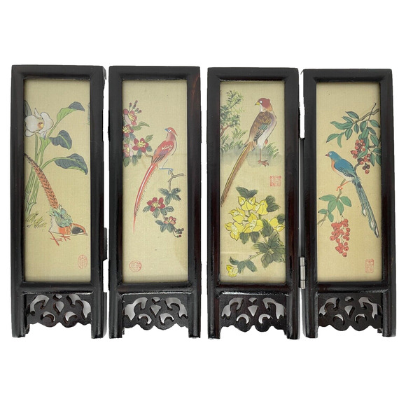 Vintage Asian Folding Screen Mini 4 Silk Panel Hand Painted Wood Bird/Floral - Picture 2 of 10